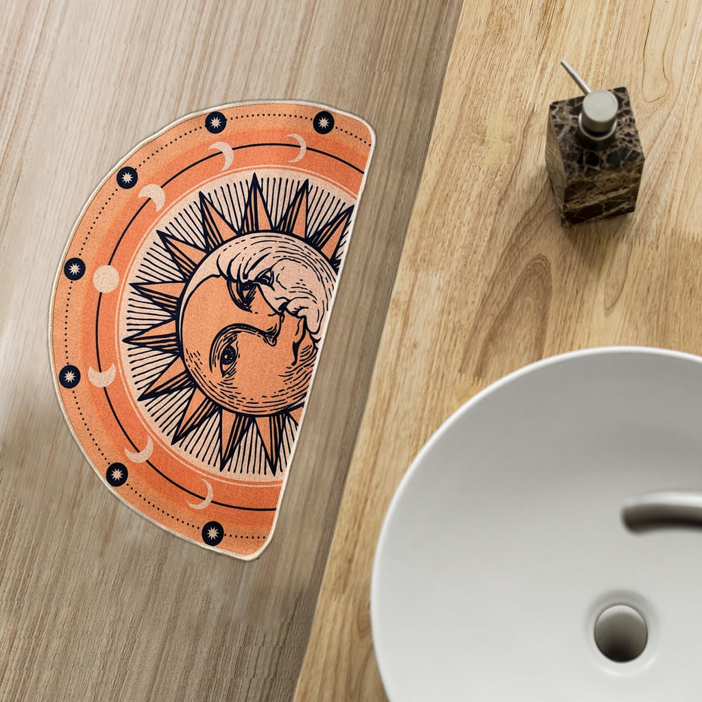 Semi Round Boho Sun and Moon Bathmat Fun Bath Mat Non Slip Washable Bathroom Decor Half Circle Bohemian Home Floor Doormat Semicircle Indoor Rug (Gold, No Fluff)