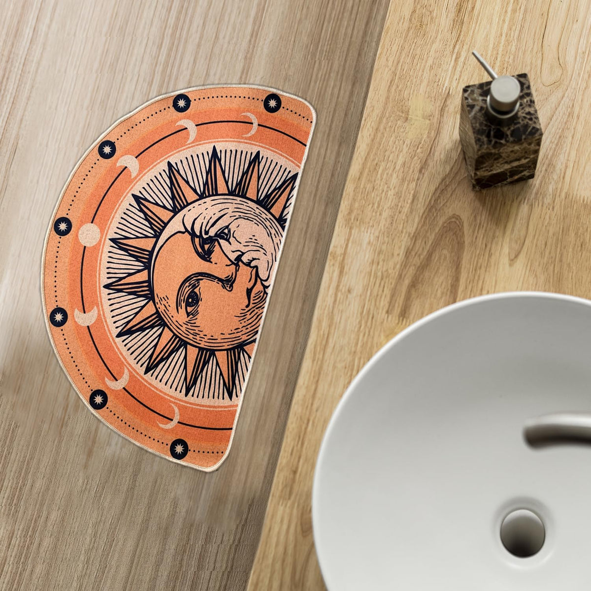 Semi Round Boho Sun and Moon Bathmat Fun Bath Mat Non Slip Washable Bathroom Decor Half Circle Bohemian Home Floor Doormat Semicircle Indoor Rug (Gold, No Fluff)