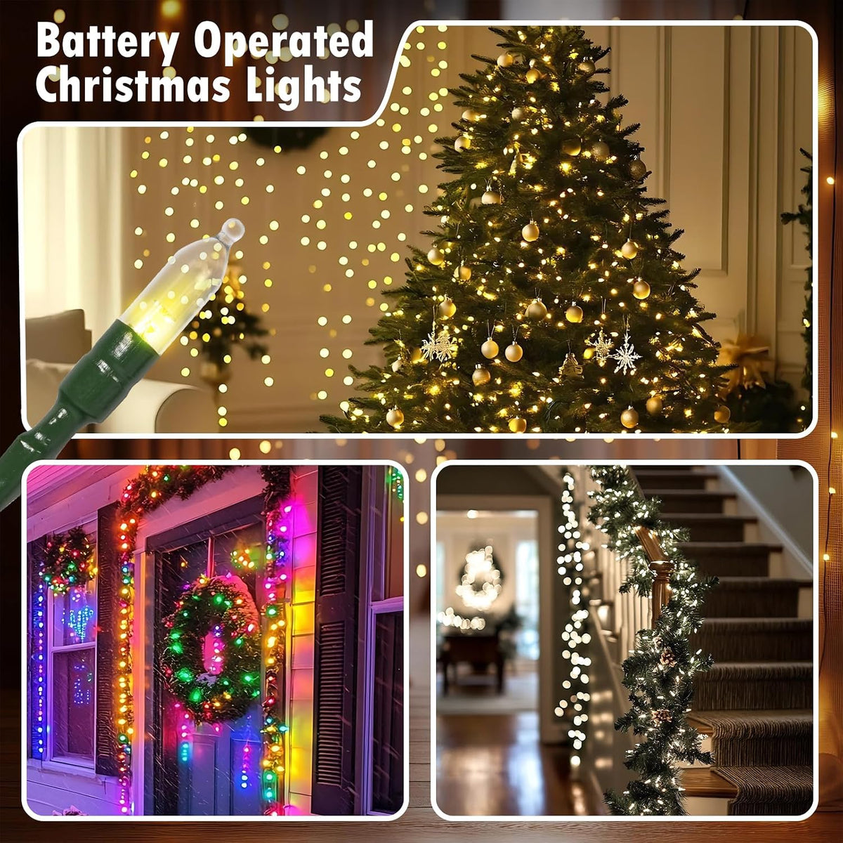 Battery Operated Christmas Lights, 4 Pack 18 FT 50 LED Each Clear Mini String Lights, 8 Modes with Timer Waterproof Tree Lights for Xmas Indoor Outdoor Holiday Home Decor, Multicolor
