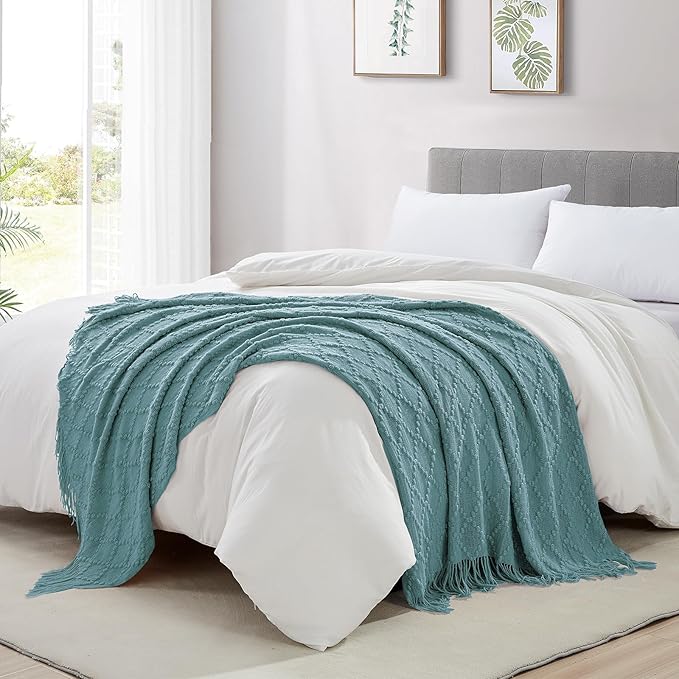 BOURINA Blue Throw Blanket 50 x70 Inches Jacquard Argyle Throw Textured Solid - Image 4