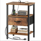 SUPERJARE Nightstand with Charging Station, Bed Side Table with Adjustable Fabric Drawer, Night Stand for Bedroom, 3-Tier Storage End Table, for Living Room, Rustic Brown