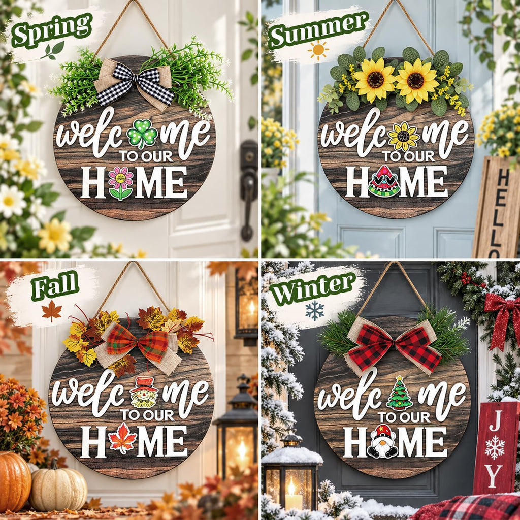 Interchangeable Welcome Sign Front Door with 4 Seasonal Wreaths & 21 Icons