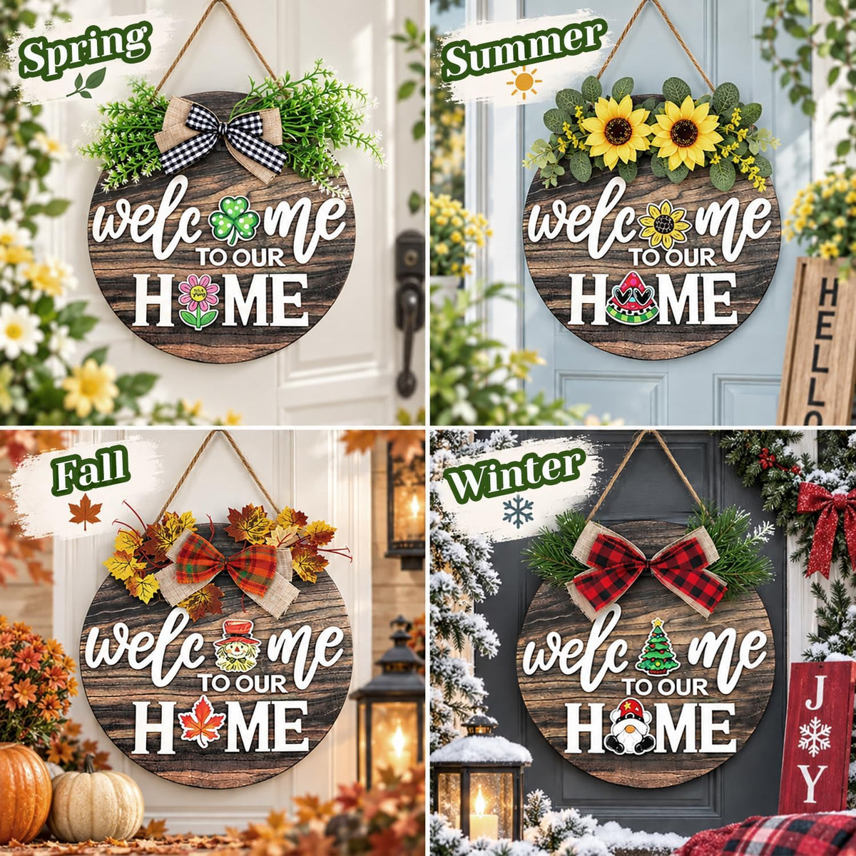 Interchangeable Welcome Sign Front Door with 4 Seasonal Wreaths & 21 Icons