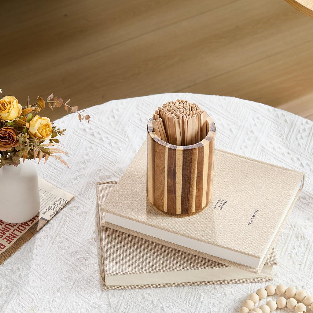 Wood Coffee Stirrers Holder Set with 100 Disposable Stir Sticks