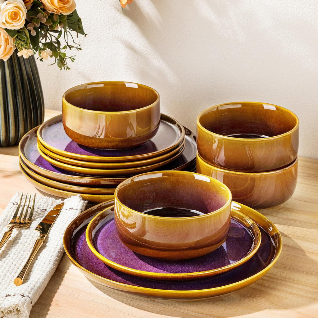 Ceramic Dinnerware Set for 4, 12-Piece Plates and Bowls Set