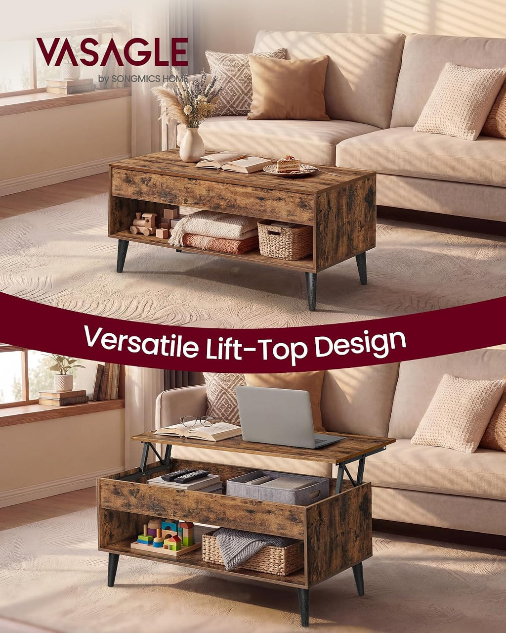 VASAGLE Lift Top Coffee Table with Hidden Storage, Gas Spring