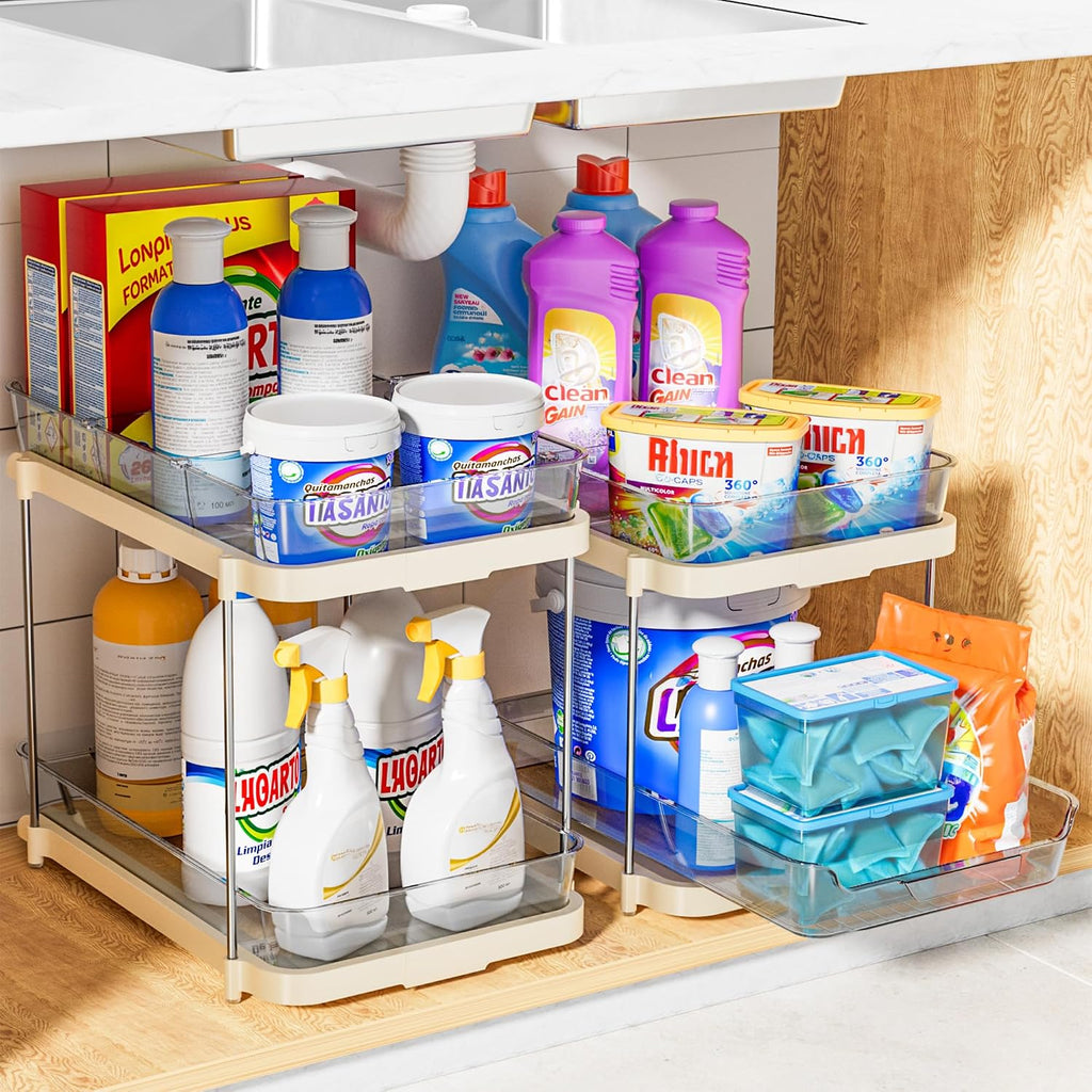 Delamu 2-Tier Multi-Purpose Bathroom Under Sink Organizers and Storage, Stackable Kitchen Pantry Organization, Pull Out Medicine Cabinet Organizer with Movable Dividers, Beige, 2 Pack