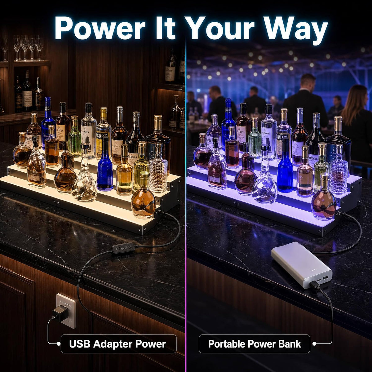 LED Liquor Bottle Display Shelf, 3-Tier 32 Inch Lighted Bar Shelf