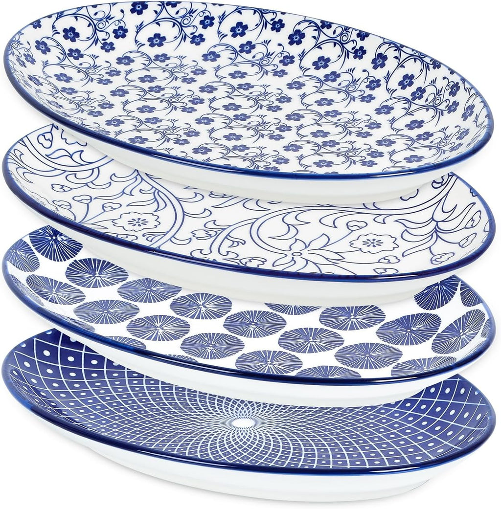 Selamica 14 Inch Oval Large Ceramic Serving Platter Set of 4, Vintage Blue