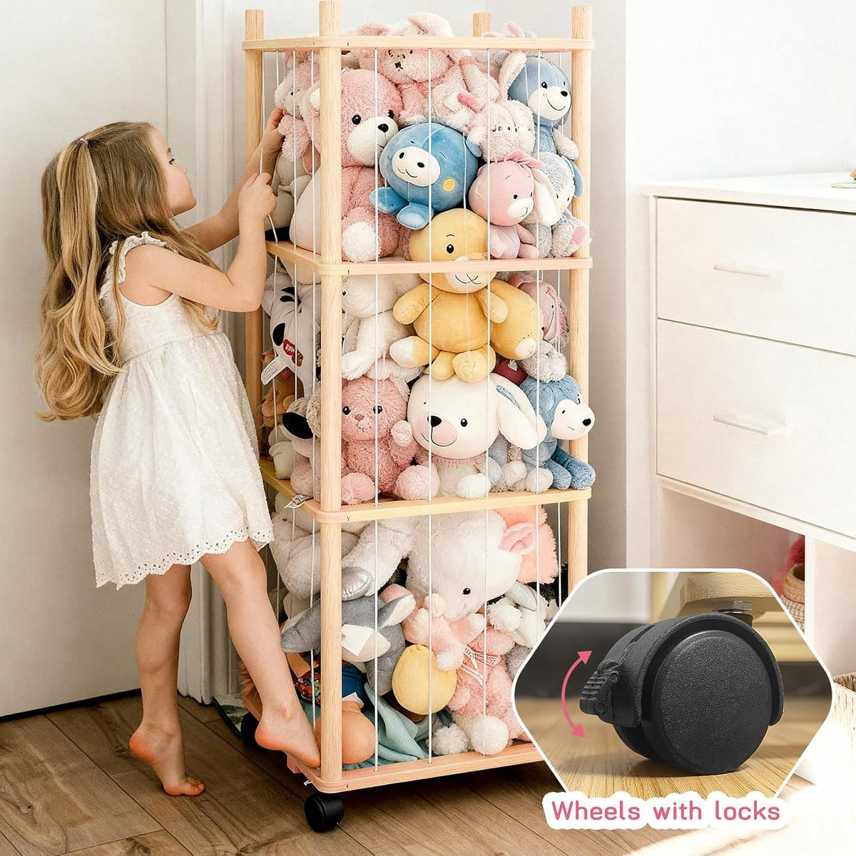 Stuffed Animal Zoo Storage with Lockable Wheels, Natural Wood