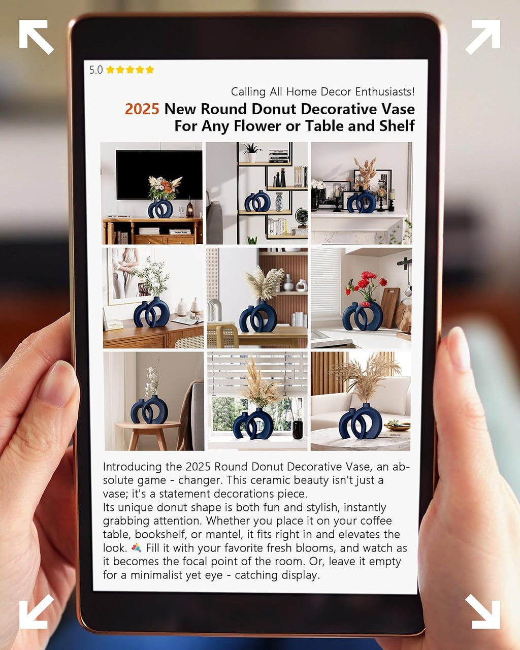 Blue Vase Set of 2 - Donut Navy Vases Home Decor, Modern Coastal Decor - Decorative Vase, Ceramic Decorations for Living Room Coffee Table Bookshelf Shelf Console Mantle (Matte Navy Blue)
