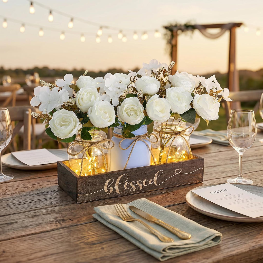 3 Pcs Mason Jar Table Centerpieces for Dining Room with Wood Tray&Led Light