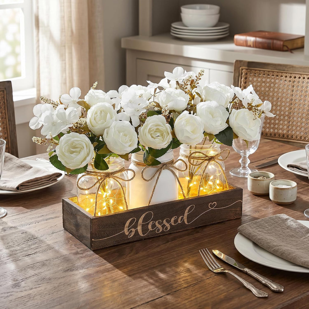 3 Pcs Mason Jar Table Centerpieces for Dining Room with Wood Tray&Led Light