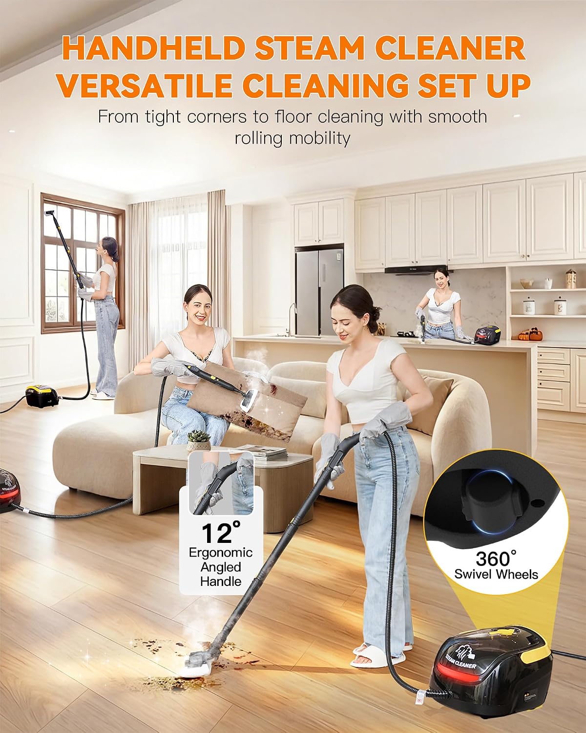 GLAMMAGIC Steam Cleaner with Mop, 3 Level Adjustable Handle, 25 Accessories