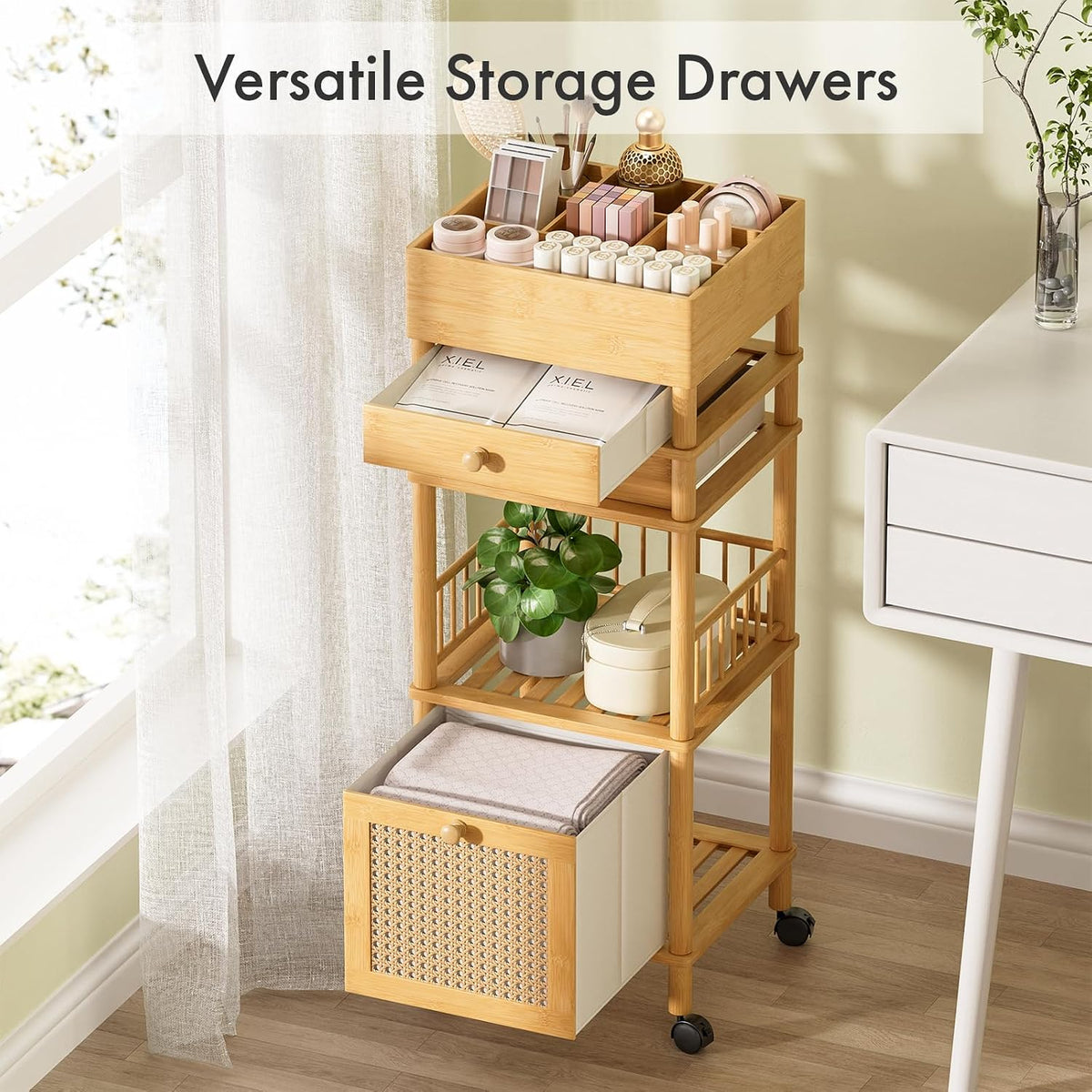 Bamboo Makeup Organizer Cart with 3 Drawers, Floor Skin Care Storage for Bathroom Bedroom, Rolling Vanity Organizer Cart for Cosmetic, Nail Polish, Perfume and Hair Tools