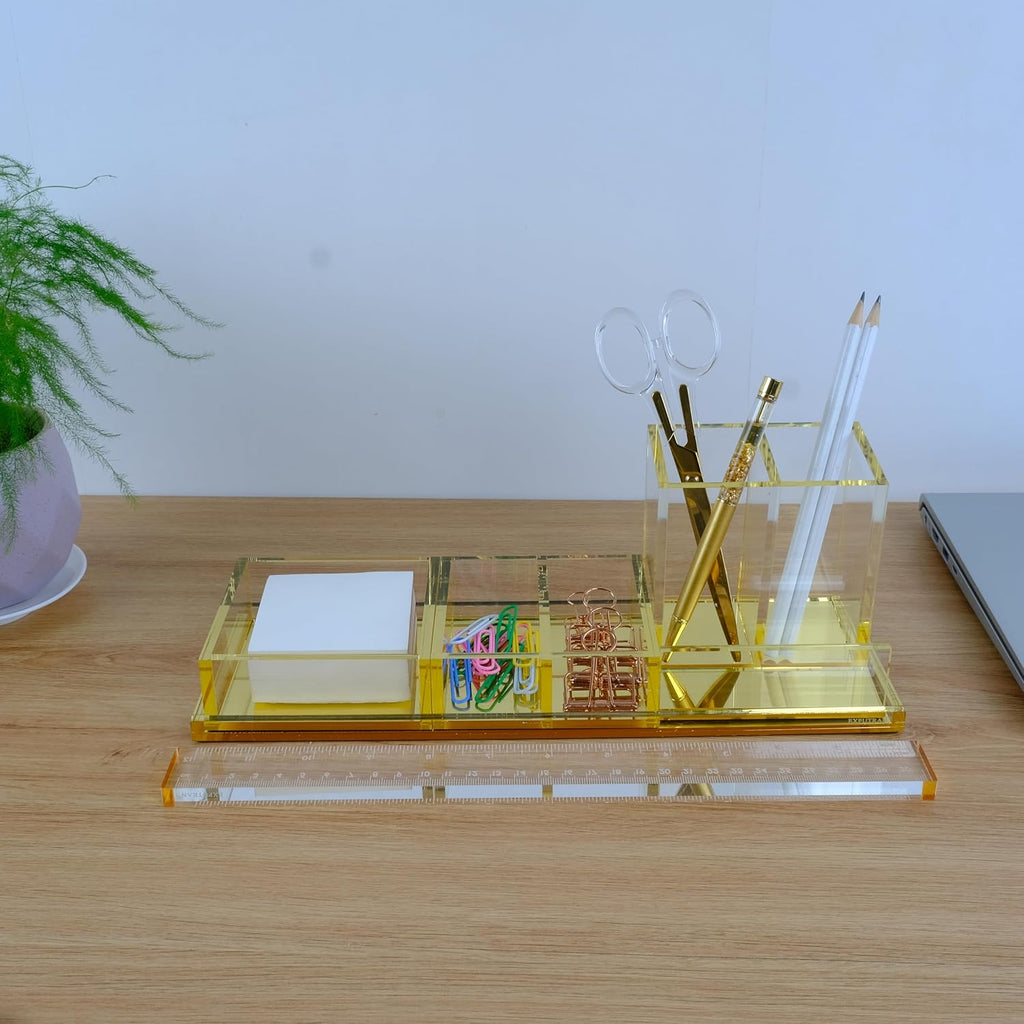 Acrylic Desk Organizer 4-Piece Desk Kit + Free Complimentary Acrylic Ruler, Desktop Organization for Office or Home (Gold)