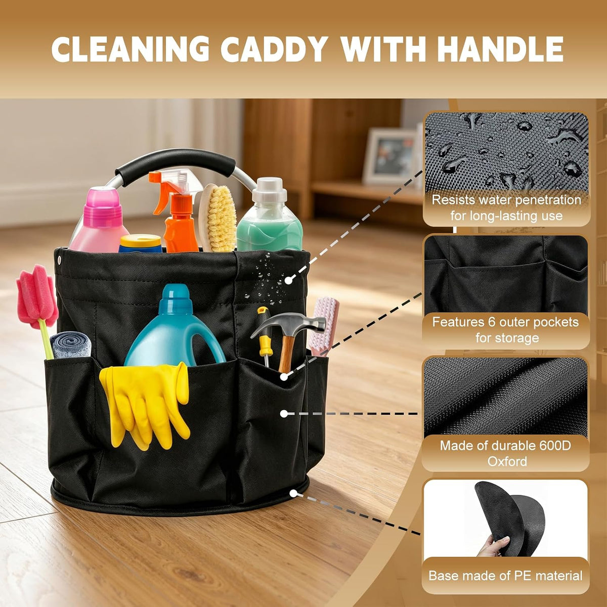 17L Cleaning Caddy with Handle, Foldable Cleaning Supplies Organizer, Portable Storage Bucket Bag for Home & Garden (Black)