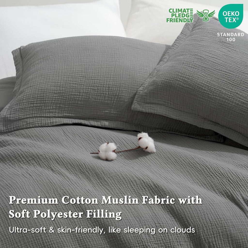 David's Home Cotton Softer Muslin Comforter Set, Twin Size, Grey