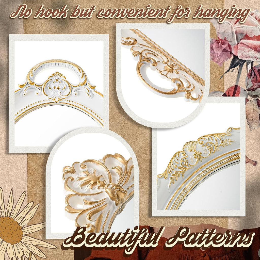 Beeveer 4 Pcs Vintage Gold Wall Mirror Set Luxury Gallery Wall Mirror Decorative Hanging Antique Decor for Living Room Entryway Wedding Bedroom Bathroom Victorian Decor (Elegant,White)