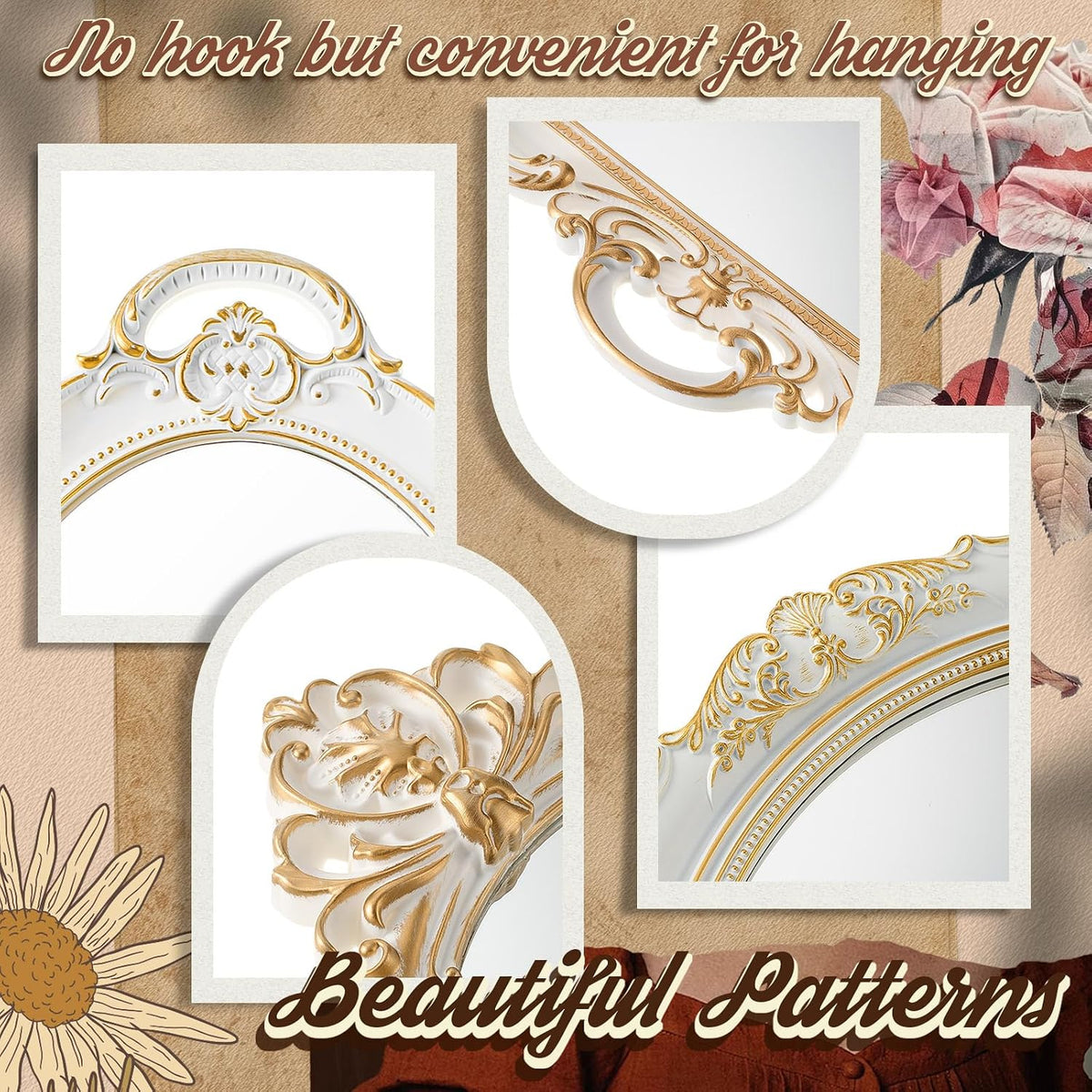 Beeveer 4 Pcs Vintage Gold Wall Mirror Set Luxury Gallery Wall Mirror Decorative Hanging Antique Decor for Living Room Entryway Wedding Bedroom Bathroom Victorian Decor (Elegant,White)