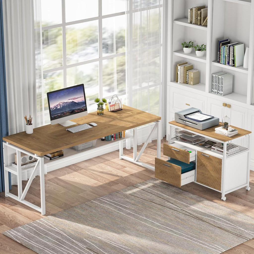 Tribesigns L Shaped Desk with Drawer Cabinet, 63" Executive Computer Desk and lateral File Cabinet, 2 Piece Home Office Furniture with Drawers for Hanging, Doors with Locks (Light Walnut, 63 inches)