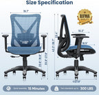 Ergonomic Office Chair, Mesh Computer Desk Chairs with BIFMA X5.1 Certified, Adjustable Lumbar Support, 3D Arm, Tilt Back, Wide Seat, Comfy Swivel Work Task Chair for Company and Home (Azure Blue)