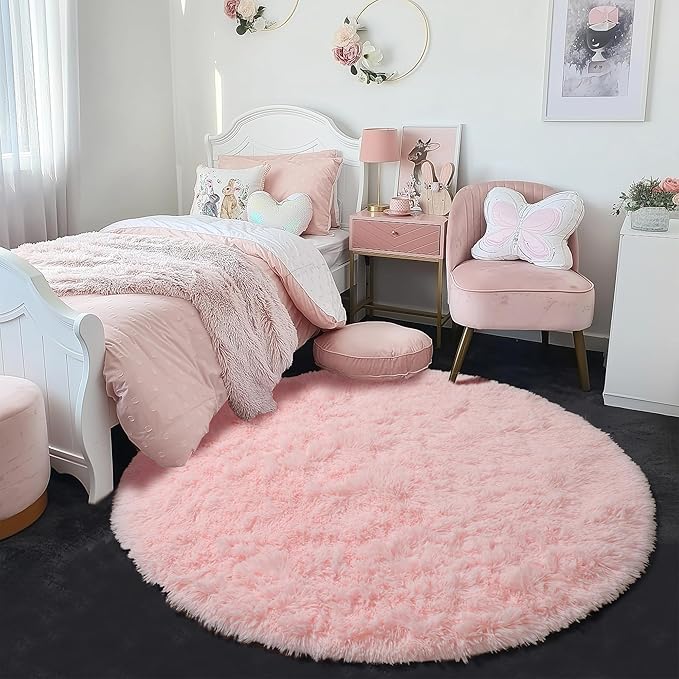 Pink Fluffy Round Rug 5Ft for Girls Bedroom Decor Aesthetic, Shaggy Circle Area - Image 9
