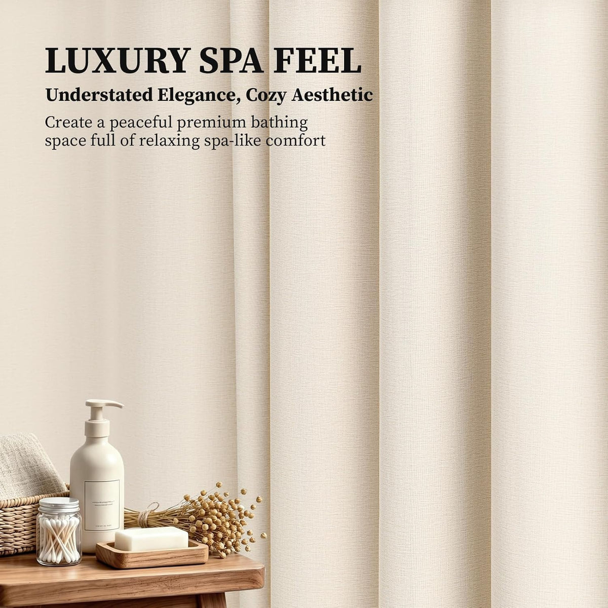 Beige Linen Textured Waterproof Cloth Shower Curtain Set, 72x72, Cream