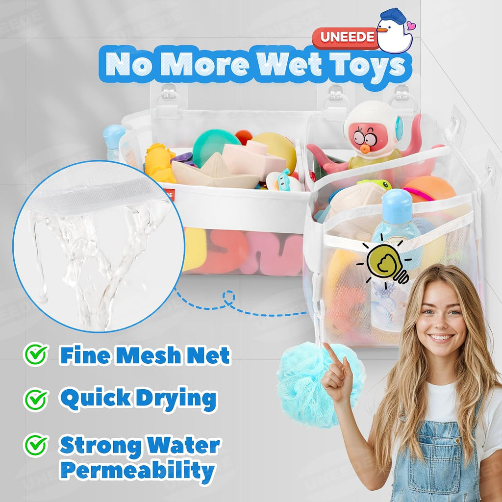 UNEEDE Bath Toy Storage 3 Compartment Corner Bath Toy Storage Organizer
