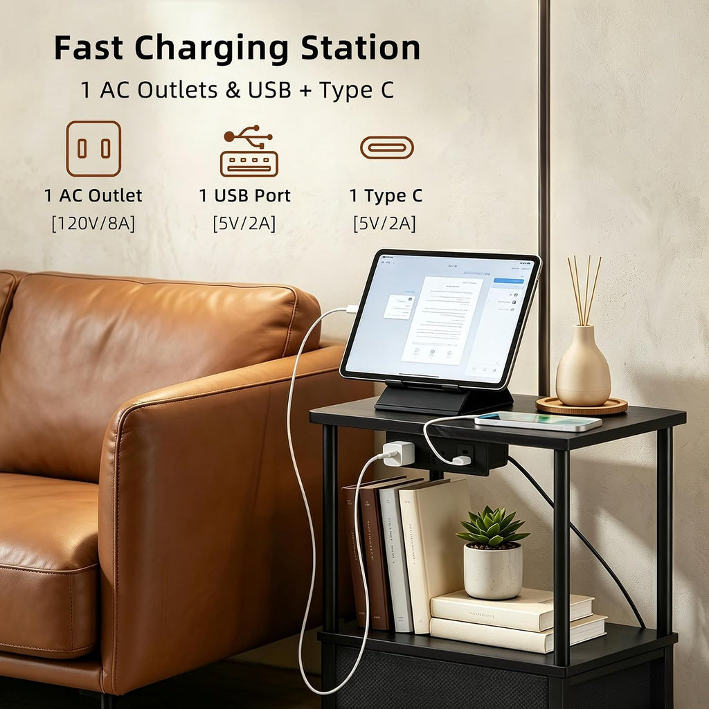 Floor Lamp with Table Set of 2, Charging Station, Black, 15" W