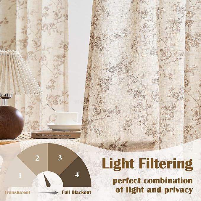 Lazzzy Taupe Floral Linen Curtains 96 Inch Farmhouse Back Tab Drapes - Image 3