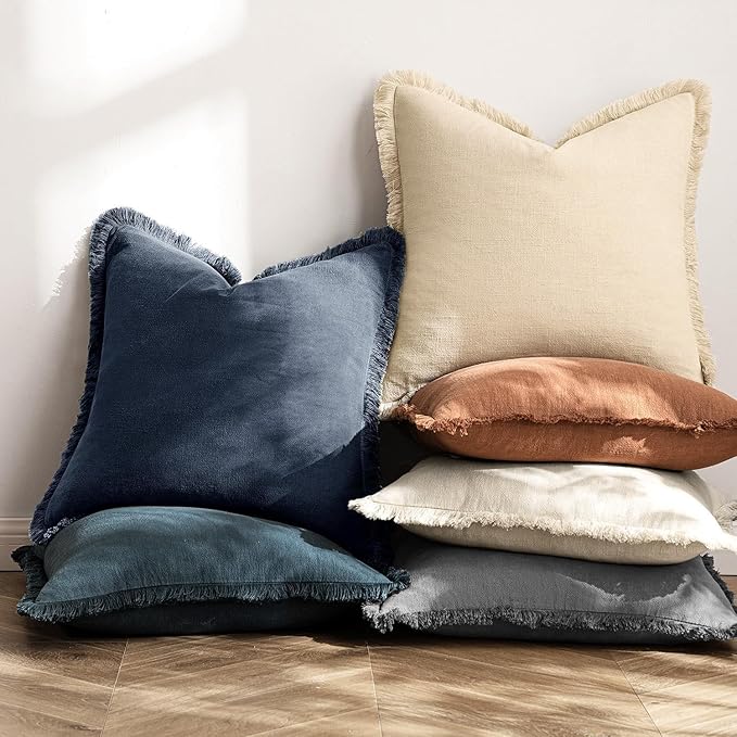 MIULEE Decorative Throw Pillow Covers Neutral Linen Fringe Throw Pillows Set of - Image 5