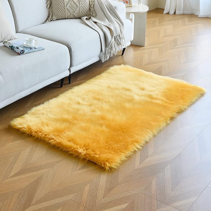 duduta Yellow Faux Sheepskin Fur Rug 3x5 ft, Fluffy Shag Bedroom Dorm Nursery - Image 5