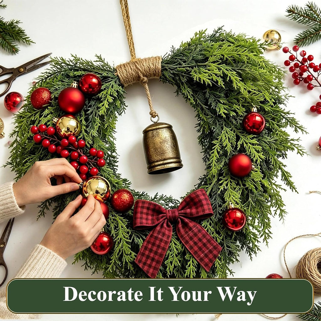 Heart Shaped Christmas Wreath for Front Door, Artificial Norfolk Pine and Cedar Greenery with Rustic Jute Rope and Vintage-Style Bell, Indoor and Outdoor Holiday Decor