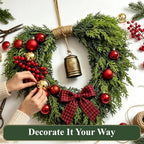Heart Shaped Christmas Wreath for Front Door, Artificial Norfolk Pine and Cedar Greenery with Rustic Jute Rope and Vintage-Style Bell, Indoor and Outdoor Holiday Decor
