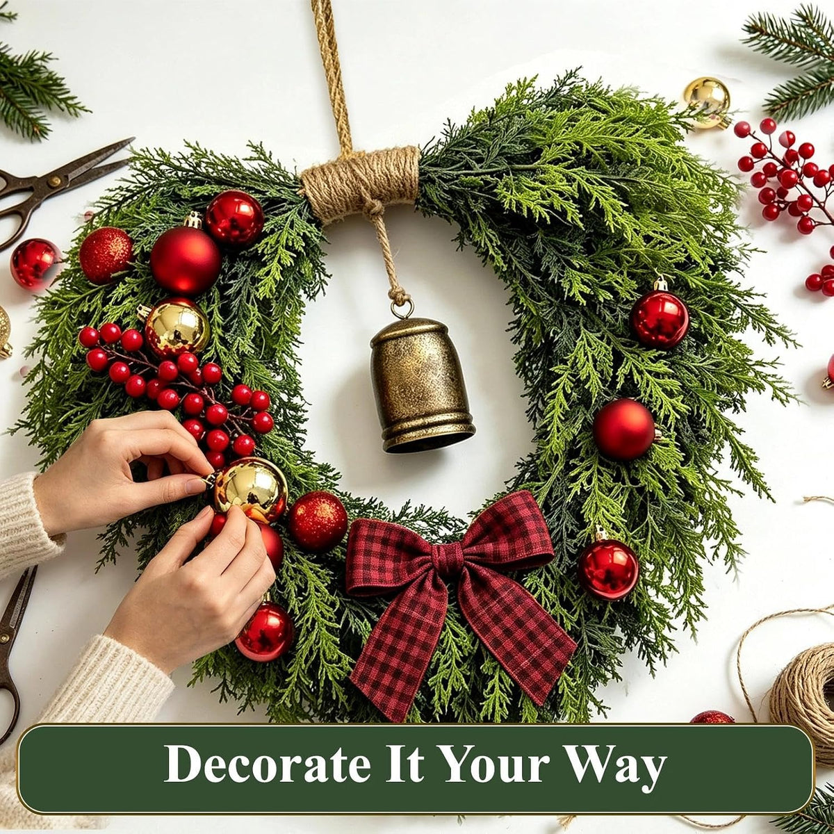 Heart Shaped Christmas Wreath for Front Door, Artificial Norfolk Pine and Cedar Greenery with Rustic Jute Rope and Vintage-Style Bell, Indoor and Outdoor Holiday Decor
