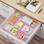 Marbrasse 5 Pack Desk Drawer Organizer Set, Mesh Drawer Storage Trays with 1 Adjustable Divider, Desk Organizers and Accessories, 5 PCS Drawer for Office Supplies, Makeup & Vanity (Pink)