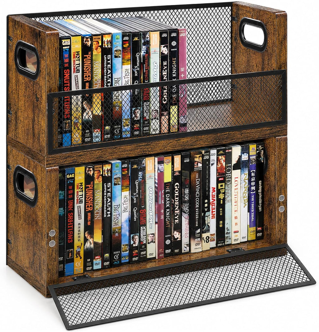 DVD Storage Rack 2 Pack, Stackable Media Shelf with Magnetic Door