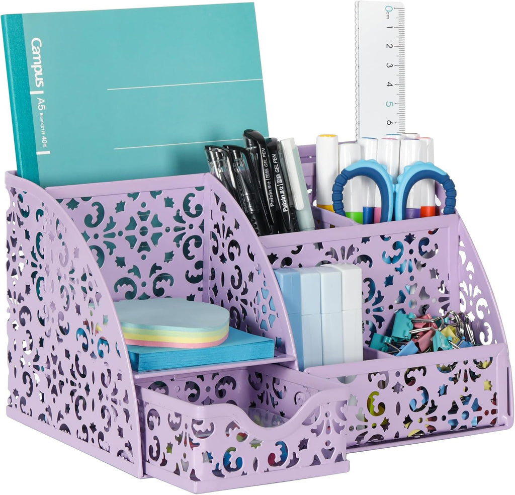 EasyPAG Pen Holder Desk Organizer with Drawer Pencil Cup for Desk 6 Compartments Metal Office Caddy Storage with Sticky Notes Holder for School Home Office, Purple