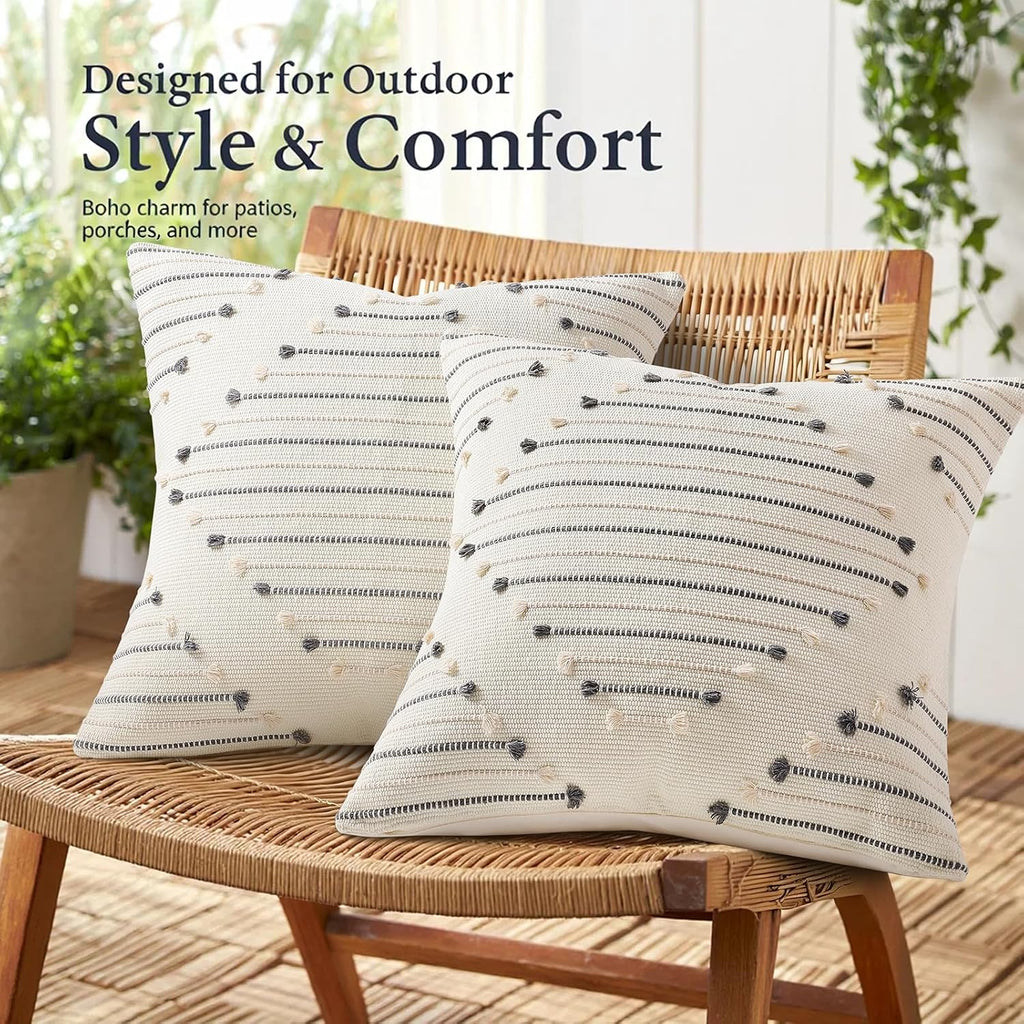 Mecatny Boho Outdoor Throw Pillow Covers 18x18 Set of 2 Beige & Grey