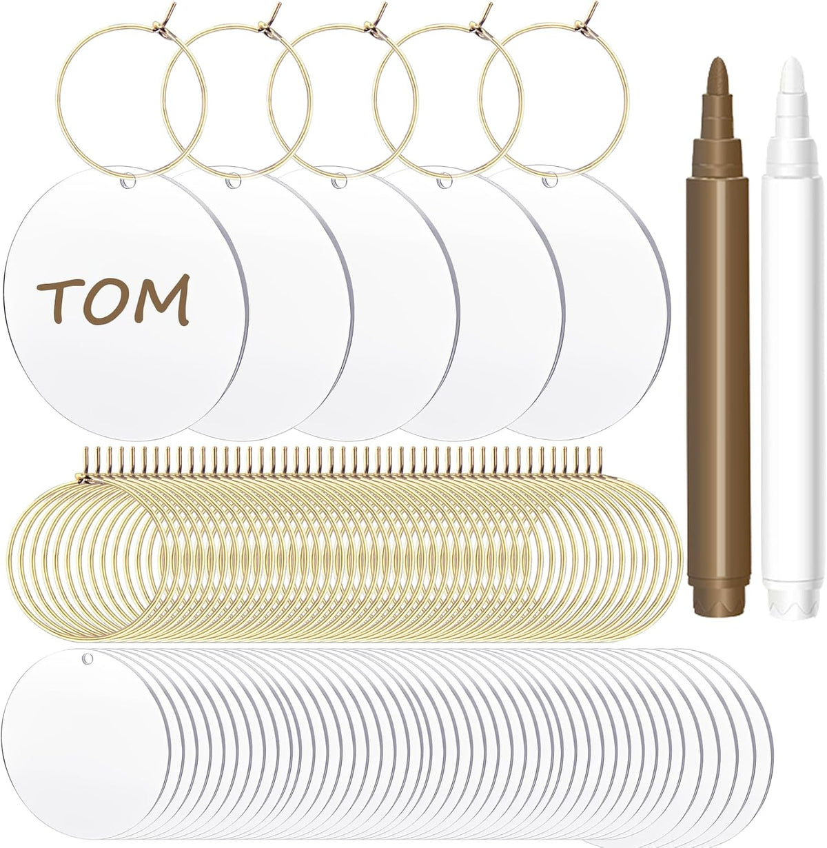 50Pcs Acrylic Blank Wine Charms for Goblet With 2 Pearl Marker Pen for Cocktail Champagne Stem Bulk DIY Blank Labels for Wedding Party Dinner