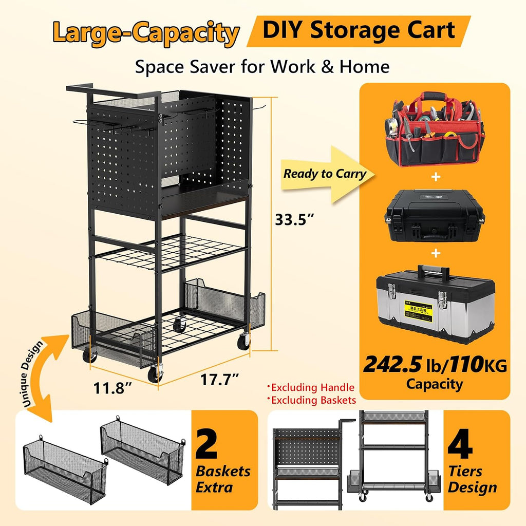 Tool Organizer Cart, 4-Tier with DIY Pegboards & Hooks & Storage Baskets