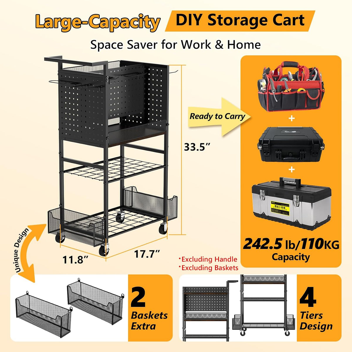 Tool Organizer Cart, 4-Tier with DIY Pegboards & Hooks & Storage Baskets