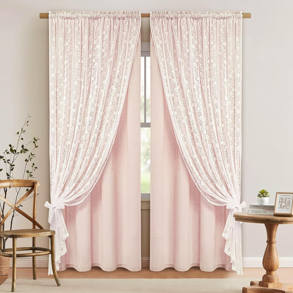 ASPMIZ Linen Pink Curtains for Bedroom, Double Layered Curtain 84 Inch Length 2 Panels Set, Farmhouse Rod Pocket Curtains & Drapes with Tiebacks, Light Filtering Curtain for Living Room, 52 x 84 Inch