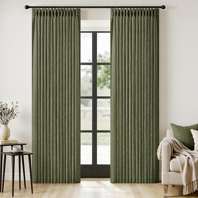 MIULEE Olive Green Pinch Pleated Thick Linen Curtains 84 Inches Long 2 Panels by MIULEE