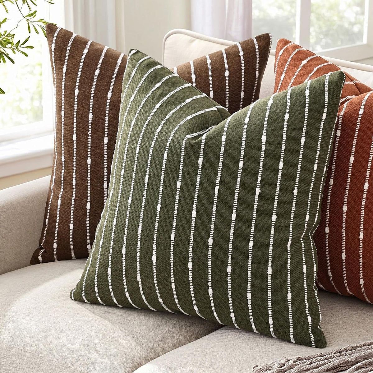 decorUhome Striped Decorative Throw Pillow Covers 18x18 Set of 2, Olive