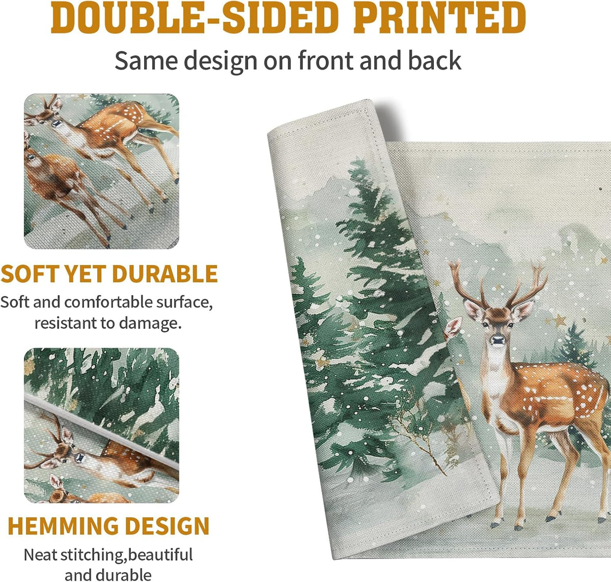 Christmas Watercolor Deer Trees Snowflakes Placemats Set of 4 Winter Rustic Nature Forest Linen Table Mat 12x18 Inch Seasonal Farmhouse Washable Place Mats for Dining Table Kitchen Xmas Decor