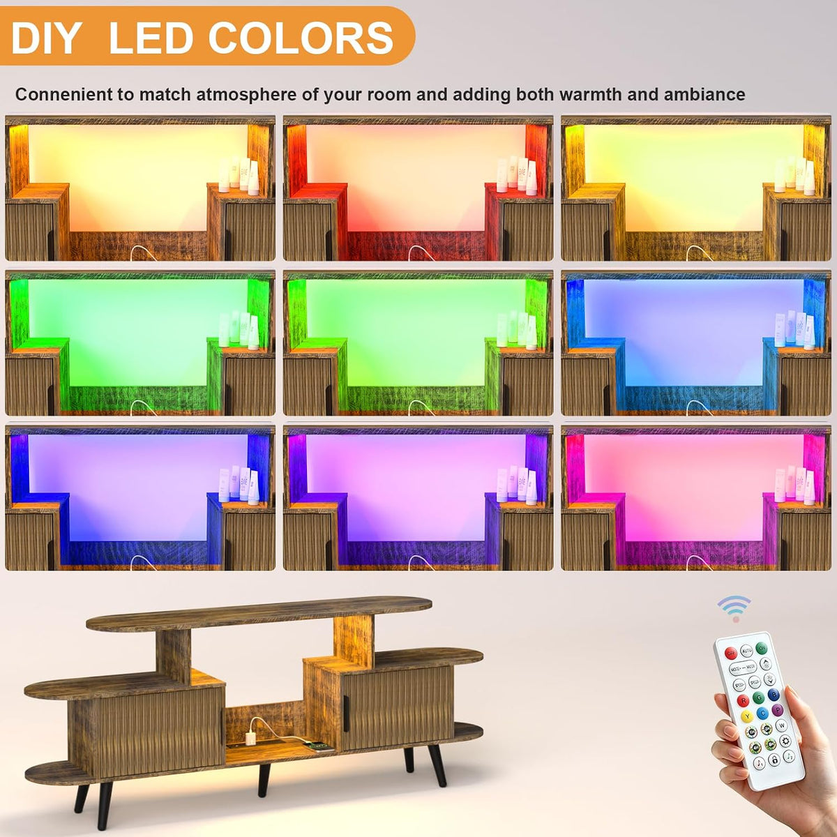 65" Fluted TV Stand with RGB LED Light & Outlet for TV up to 75"