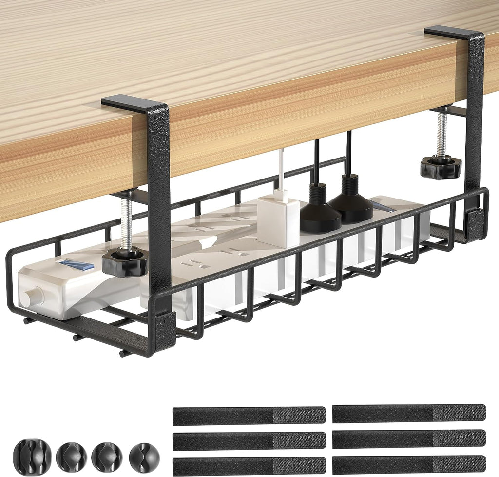 Under Desk Cable Management Tray, Xpatee Upgraded Wire Management No Drill No Screws, Cable Tray with Clamp for Wire Organizers, Computer Cord Rack for Office, Home - No Damage to Desk White
