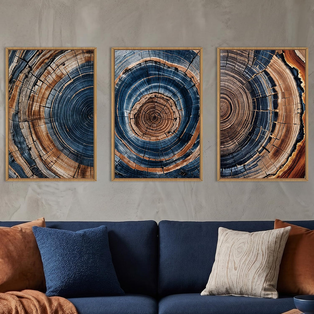 DRACIT Colorful Tree Rings Framed Canvas Wall Art Set,Abstract Blue and Brown Wood Grain Wall Decor,Nature Modern Annual Ring Texture Artwork for Living Room,Bedroom-16 x24 x3